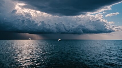 body of water with a boat in the middle of it and some clouds in the sky