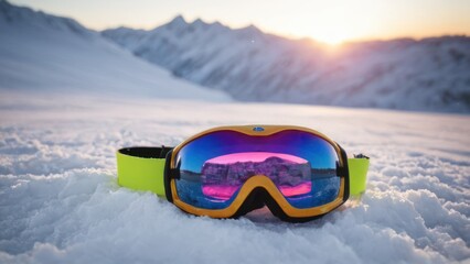 pair of ski goggles sitting on top of a pile of snow covered ground