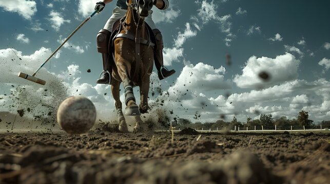 dramatic studio shot of horse polo player use a mallet hit ball in tournament, Close-up image of a horse and jockey racing with golden sunlight highlighting their intensity and focus during the compe

