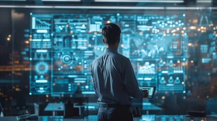 A man is looking at a computer screen with a lot of numbers and graphs