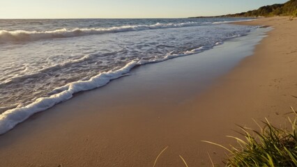 Obraz premium sandy beach with waves coming in and out of the sand and grass on the shore