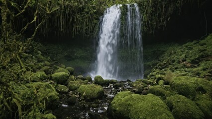 waterfall in the middle of a lush green forest filled with rocks and mossy plants