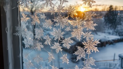 A close-up of frost patterns on a window, with a blurred winter landscape in the background.