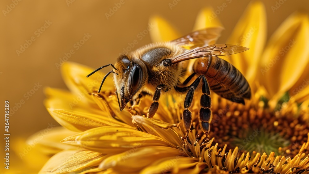 Wall mural a honeybee on a sunflower petal, set against a bright yellow background, captured with brilliant mac