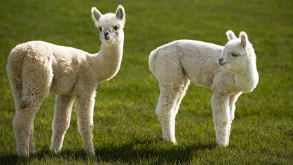 Two whitel alpacas on a farm on San Juan Island in Washington state