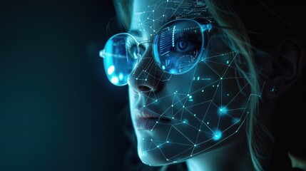 A woman with digital interface graphics overlaid on her face, suggesting advanced facial recognition technology in a high-tech environment.
