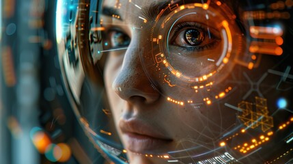 A woman with digital interface graphics overlaid on her face, suggesting advanced facial recognition technology in a high-tech environment.
