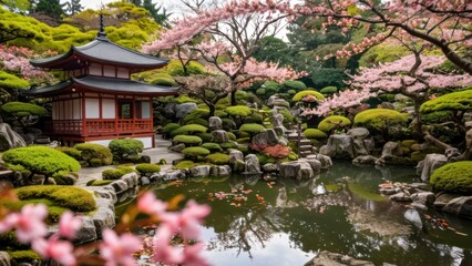 Fototapeta premium A tranquil Japanese tea garden with a traditional tea house, koi pond, and blooming cherry blossoms.