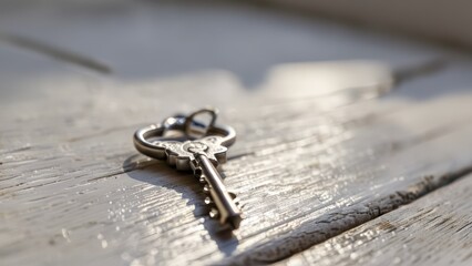 An elegant silver key on a white wooden surface, photographed in natural light with a captivating shallow depth of field.