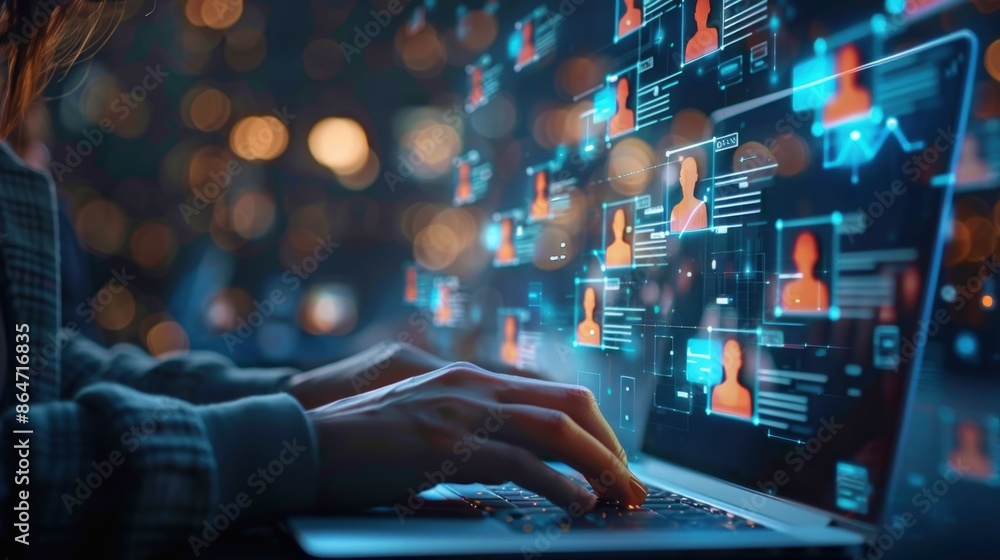 Wall mural a person types on a laptop surrounded by floating digital profiles and checklists, illustrating data