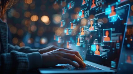 A person types on a laptop surrounded by floating digital profiles and checklists, illustrating data management and user profiles.
