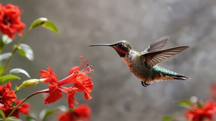 Fototapeta premium A close-up of a hummingbird hovering near a red flower, captured in high-resolution detail.
