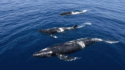 Fototapeta premium group of humpback whales swimming together in the ocean near the shore line