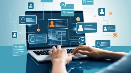Typing on a laptop with floating holographic user profiles and checklists, emphasizing digital data organization and management.
