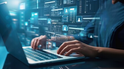 A laptop user surrounded by holographic profile data and checklists, showcasing technology integration in data handling and user management.
