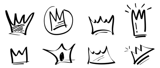collection of Doodle crown sign in black over white. hand drawn king crown symbol. isolated on white background. vector illustration