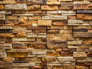 Rustic elegant dry stacked stone interior wall with varied earth tone stones, natural texture, and subtle shadows, adding warmth to modern home decor.