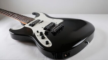 Obraz premium A sleek black electric guitar on a white background.