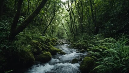 Obraz premium stream running through a lush green forest filled with lots of trees and bushes in the foreground