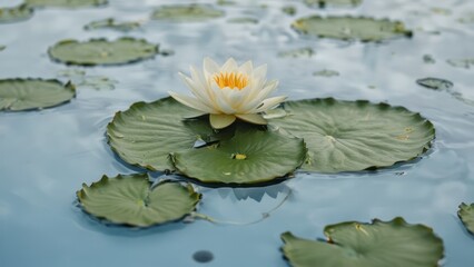 A single lily pad, isolated on a light blue background.