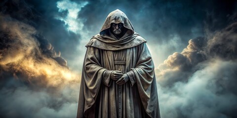 Obraz premium Ancient stone statue of a mysterious man in a hooded cloak, standing in a powerful pose, adding an air of mystery and intrigue to any scene.