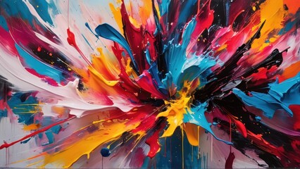 A vibrant abstract painting with bold brushstrokes and a dynamic color palette.