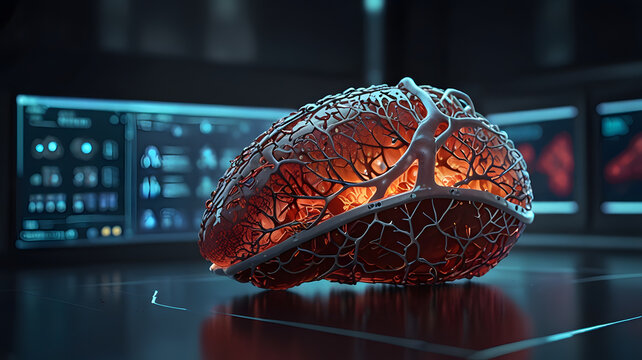 This bioengineered liver features enhanced detoxification capabilities with visible microfilter networks and a holographic status display, set in a futuristic medical environment