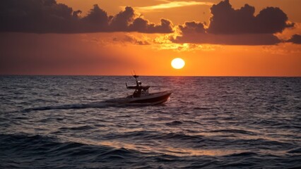 Fototapeta premium a photograph of the sun is setting over the ocean with a boat in the water and clouds in the sky