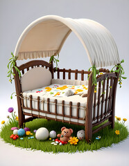 Obraz premium 3D Model Cartoon bed in the Garden Character 3D Rendered on a White Background.