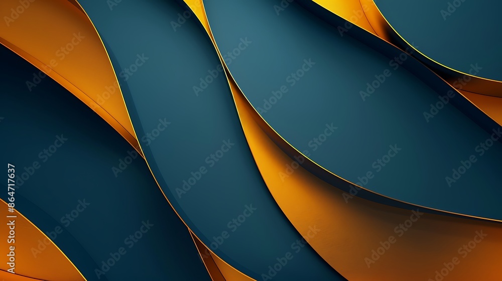 Poster blue background with yellow lines of different sizes and shapes. the golden line forms an abstract s