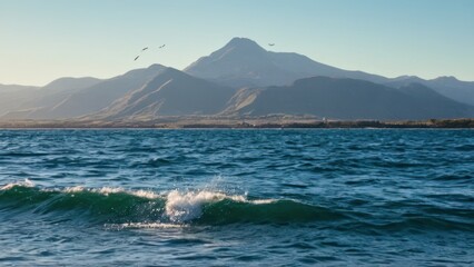 body of water with waves and a mountain in the distance with birds flying in the sky