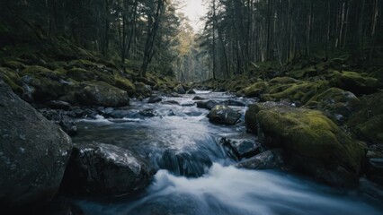 stream in the middle of a forest with rocks and trees in the foreground