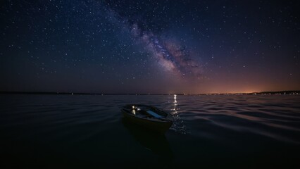 boat floating on top of a body of water under a sky filled with stars