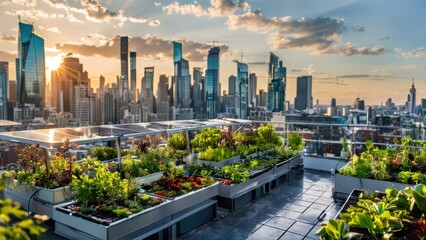 A futuristic rooftop garden with plants, solar panels, and a view of the city.