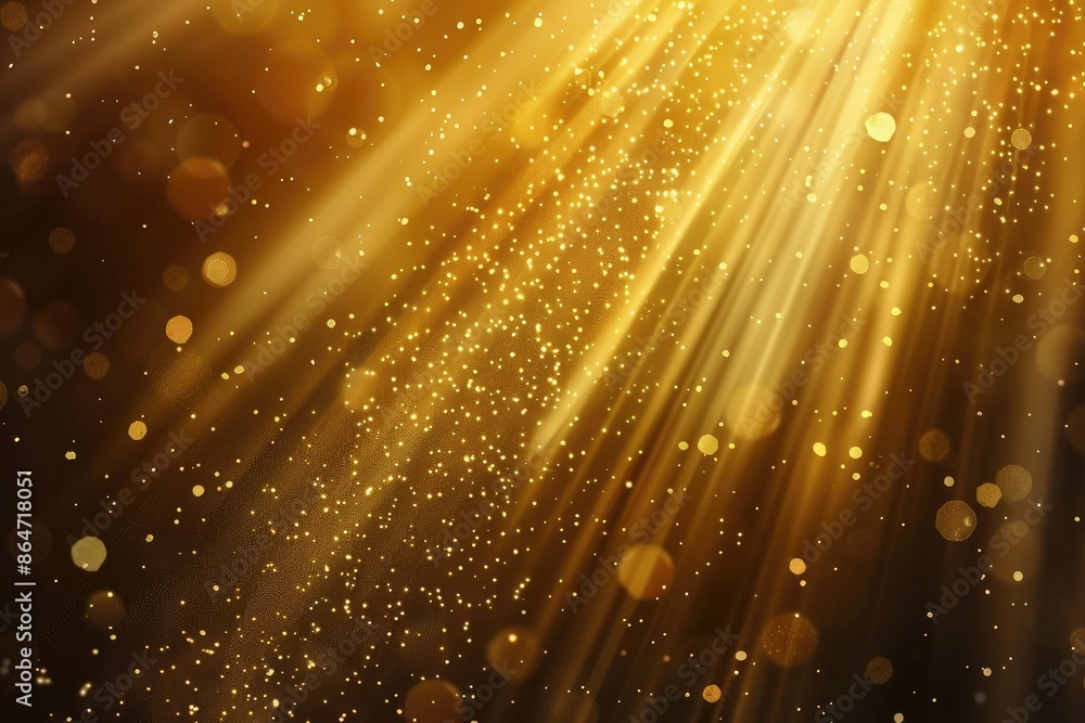 Poster abstract gold background with bokeh lights and rays of light