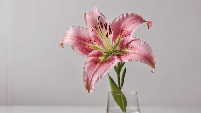 A single pink lily in a glass vase, isolated on a white background.