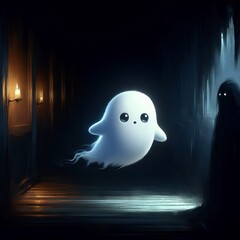 A cute illustration of a white cartoon ghost in a black room at night. 
