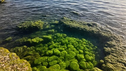 a photograph of the sun shines brightly through the water's clear, green algae covered rocks