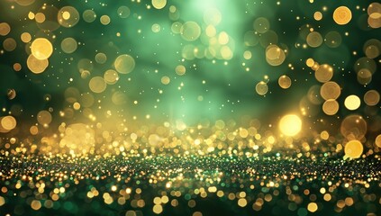 Abstract Green Background With Golden Bokeh Lights and Glitter