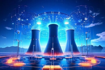 the AI Image Generator, Nuclear power plant at night with body of water in front of it.