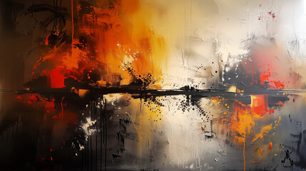 Abstract painting, oil texture and splashes on canvas, dark gray background, yellow, red and orange lights, white space between elements, large black line at center creates feeling of movement.