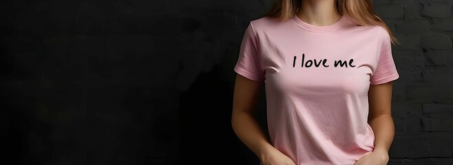 Young teen woman wearing text screening I LOVE ME on black copy space text background, concept of self-love, self-acceptance - fostering a positive self-talk and appreciate yourself