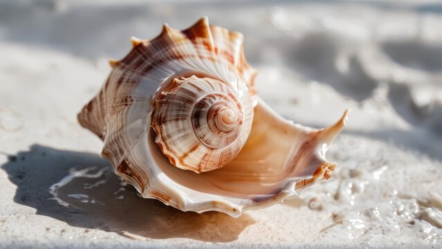 A pristine conch shell on a smooth white surface, captured with soft, natural lighting.