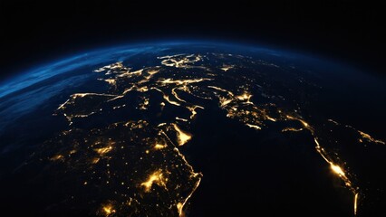 view of the earth from space at night with lights of cities and stars in the sky