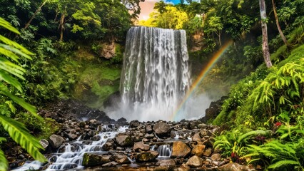 Obraz premium A vibrant rainbow over a waterfall, set against a lush green forest.