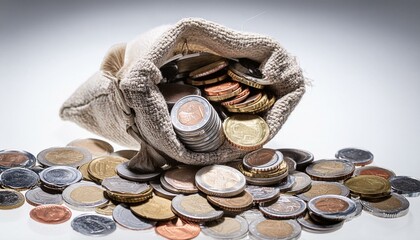 A bag with gold coins on background. The money is in a black bag. Treasure Hunt. Place for text,idea of wealth, richness or success investment, treasure or rich prize, earnings or savings income.