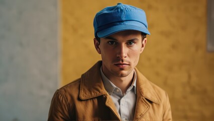 A blue hat on a yellow background, photographed in high-resolution.