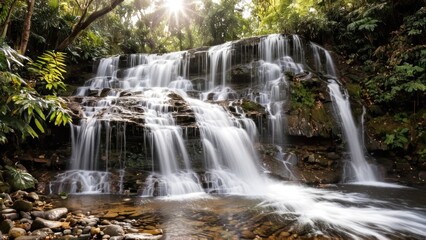 Fototapeta premium A serene waterfall, isolated against a pure white background.