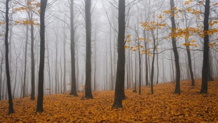 forest filled with lots of trees covered in orange and yellow leaves on a foggy day