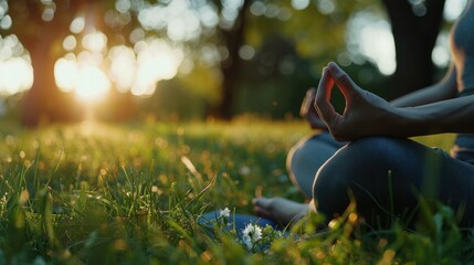 Person meditating in a serene park during sunset. Yoga practice in nature with calm ambiance and peaceful surroundings, focus on hand mudra.